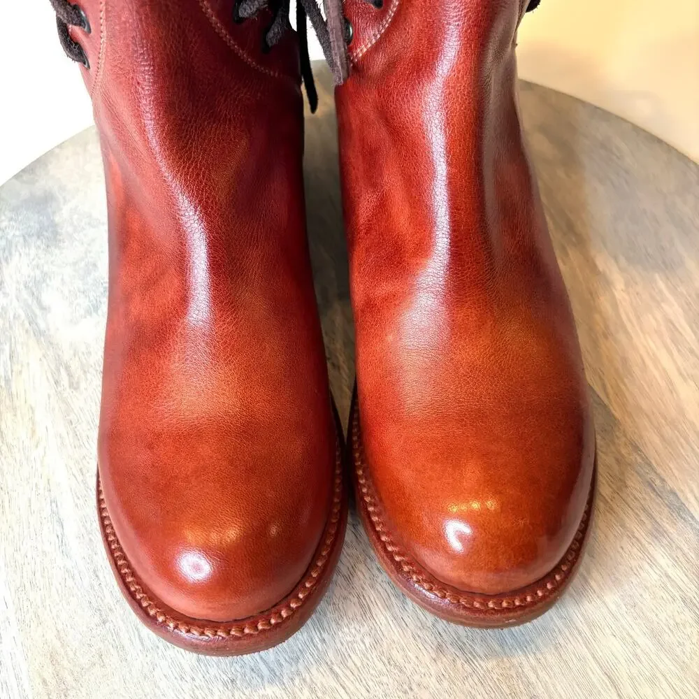 BED STU Fen Women's Leather Lace Up Combat Boots Studded Cognac Brown US 7 NWT
